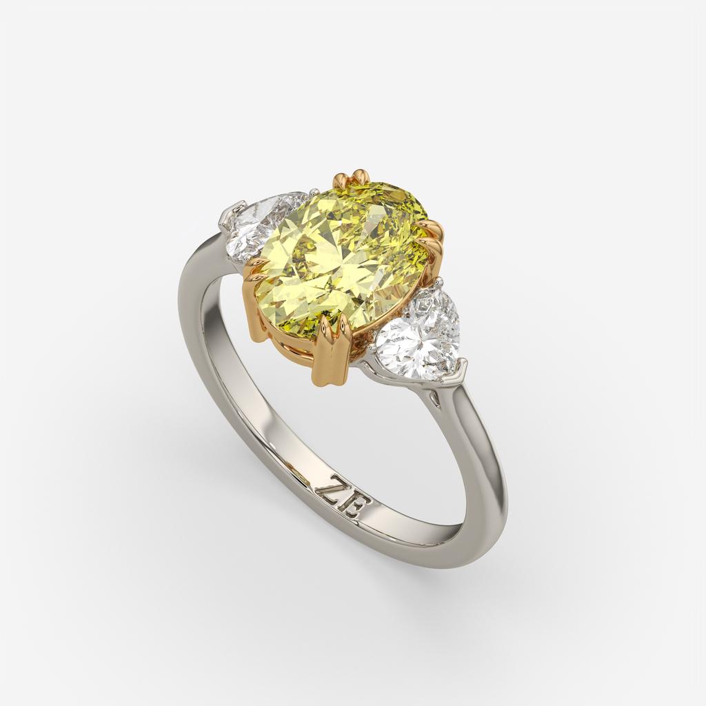 2.40 Ct Fancy Yellow VS2 Oval 3 Stone Ring With Heart Shaped Accents, in white gold, front view