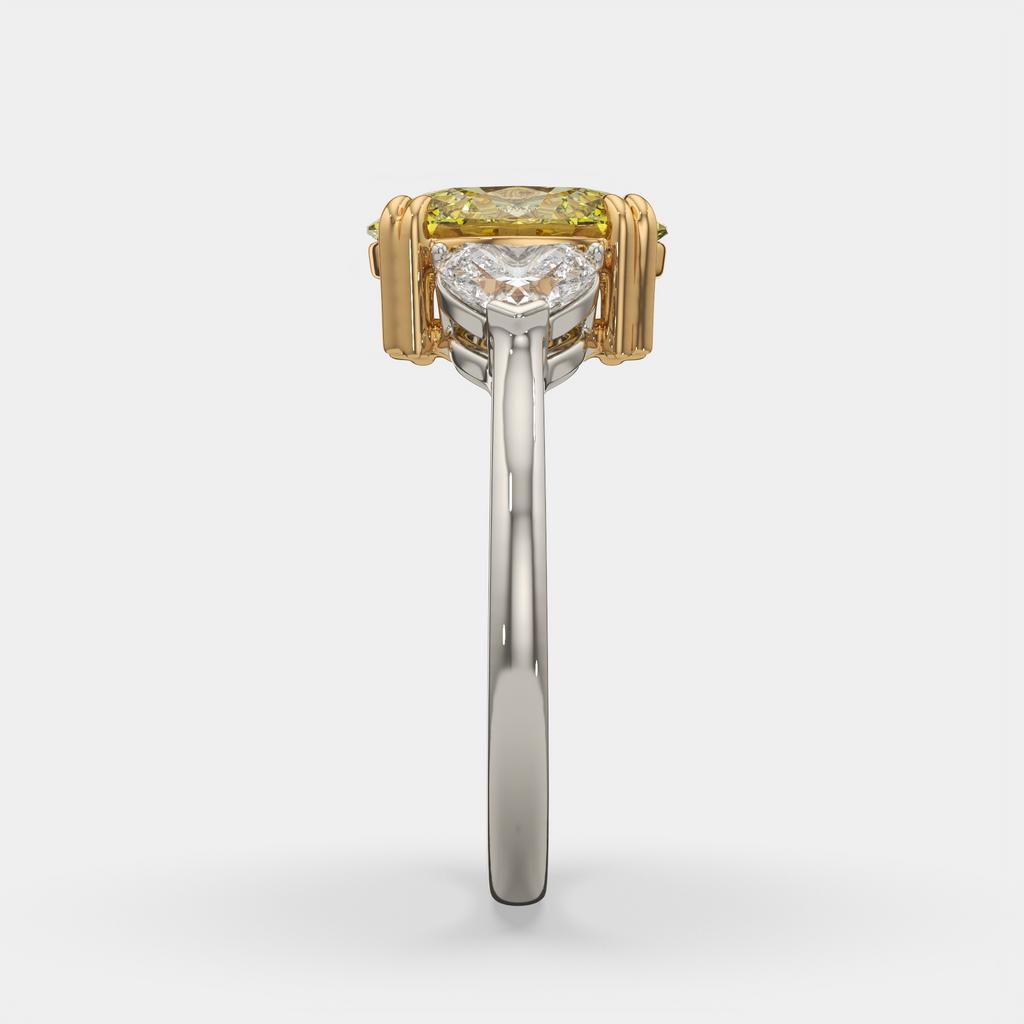 2.40 Ct Fancy Yellow VS2 Oval 3 Stone Ring With Heart Shaped Accents, in white gold, front view