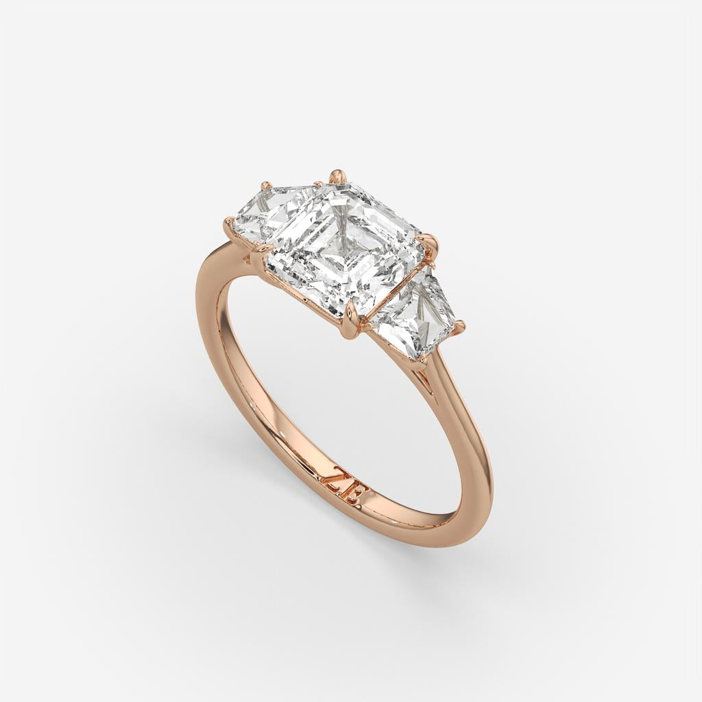 2.50 Ct D VS1 Asscher Cut Three Stone Ring With Step Cut Trapezoid Accents, in rose gold, front view