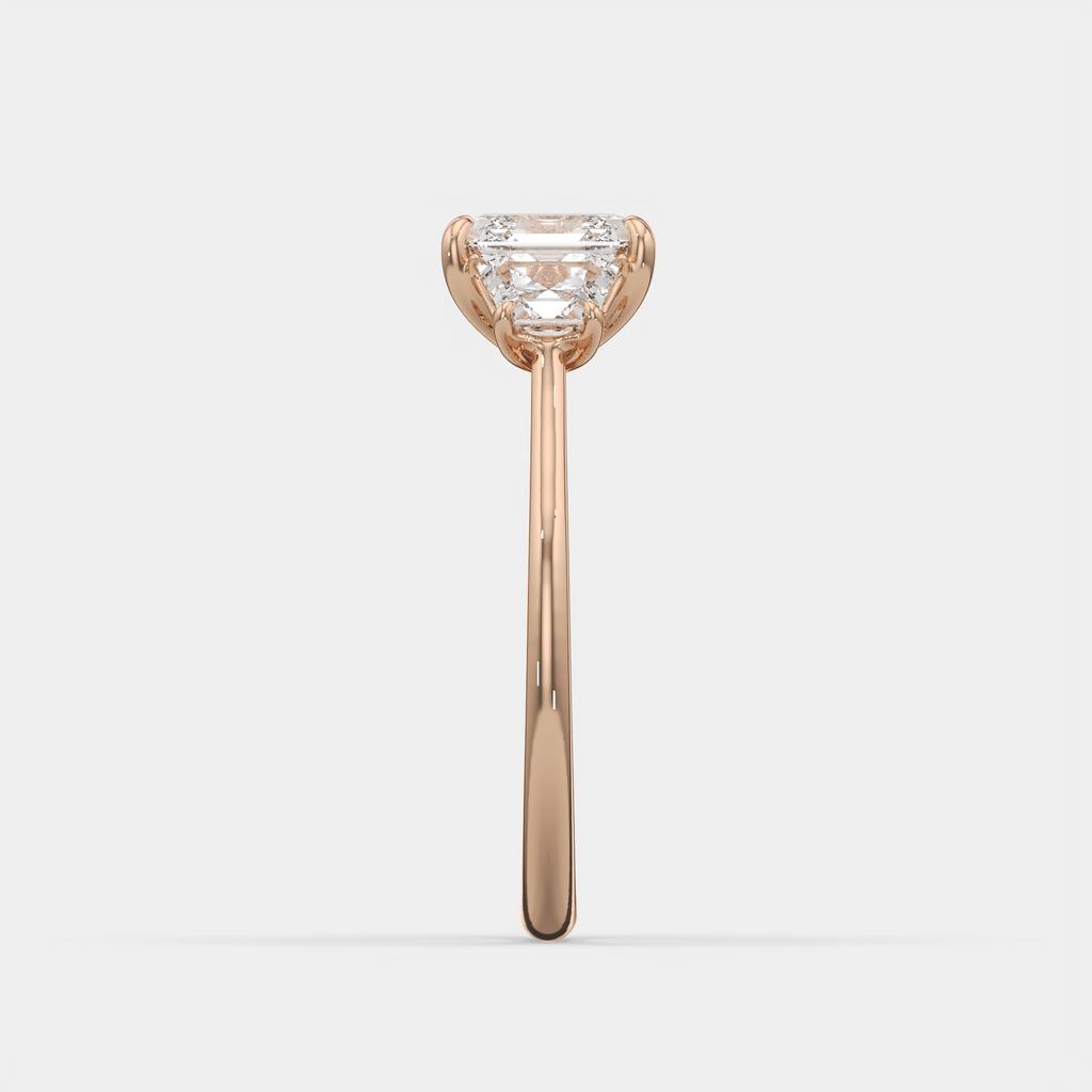 2.50 Ct D VS1 Asscher Cut Three Stone Ring With Step Cut Trapezoid Accents, in rose gold, side profile