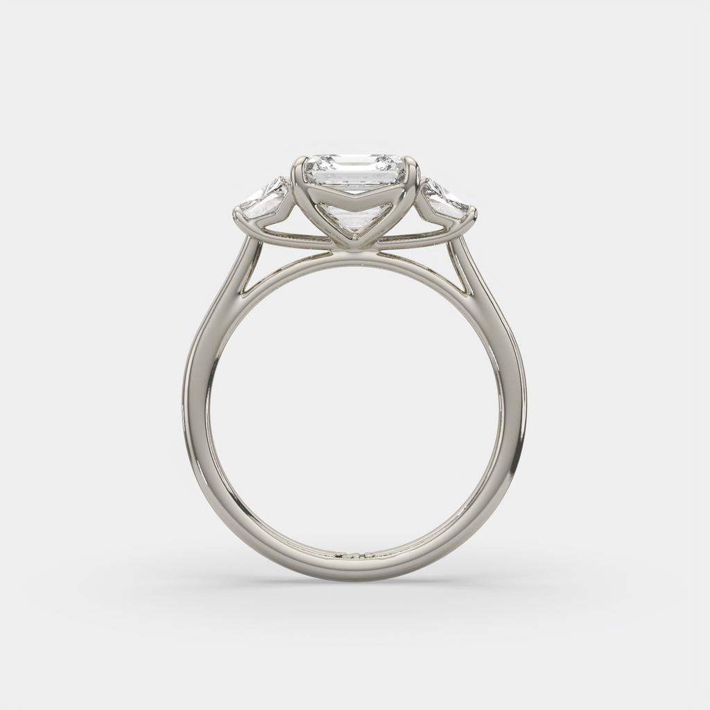 2.50 Ct D VS1 Asscher Cut Three Stone Ring With Step Cut Trapezoid Accents, in white gold, side profile