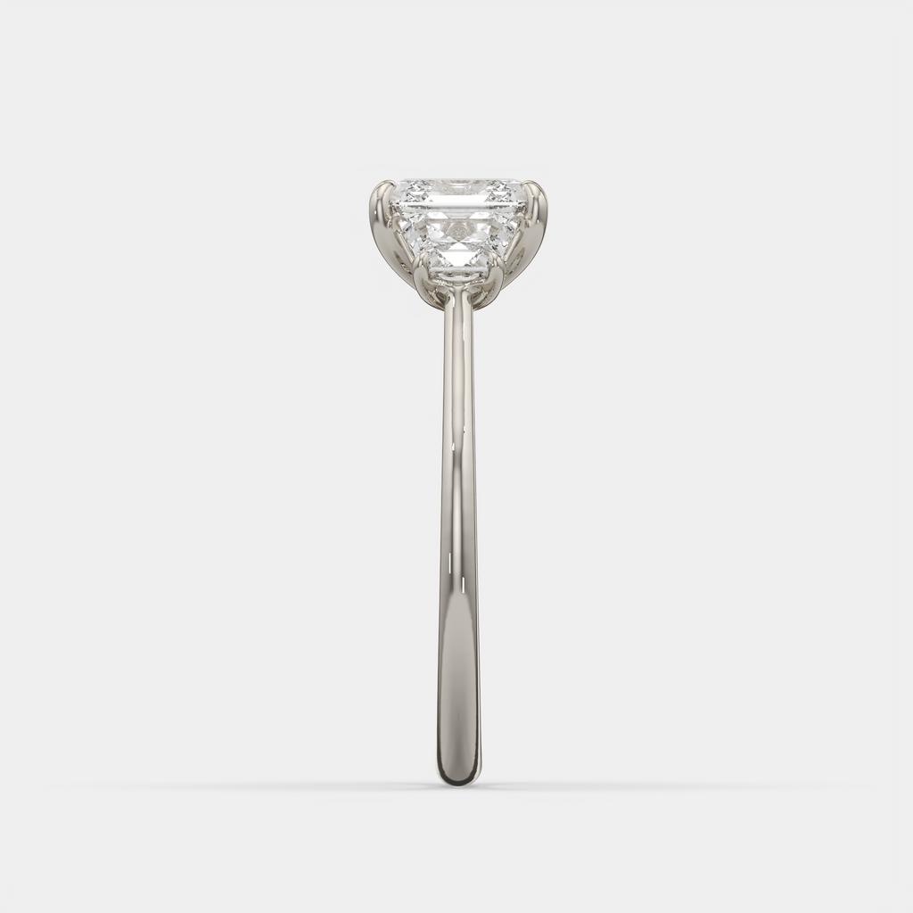 2.50 Ct D VS1 Asscher Cut Three Stone Ring With Step Cut Trapezoid Accents, in white gold, side profile