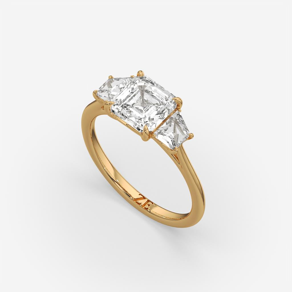 2.50 Ct D VS1 Asscher Cut Three Stone Ring With Step Cut Trapezoid Accents, in yellow gold, front view
