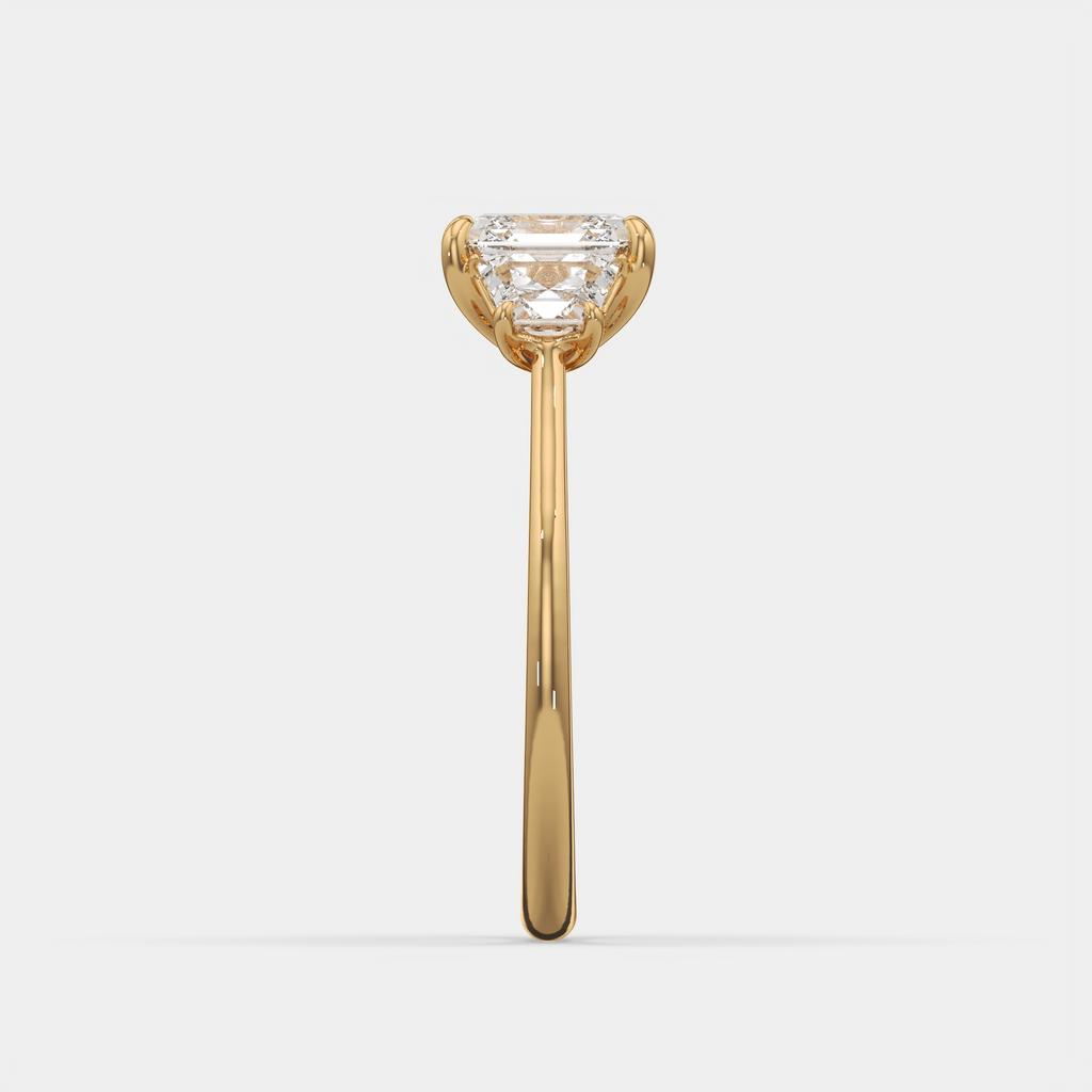2.50 Ct D VS1 Asscher Cut Three Stone Ring With Step Cut Trapezoid Accents, in yellow gold, side profile