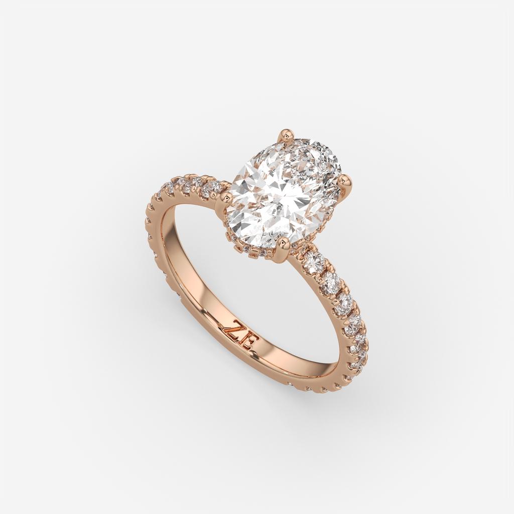 2.50 Ct D VS1 Oval Lab-Grown Diamond Halo Ring with Round Accents, in rose gold, front view