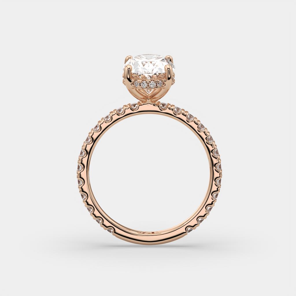 2.50 Ct D VS1 Oval Lab-Grown Diamond Halo Ring with Round Accents, in rose gold, side profile