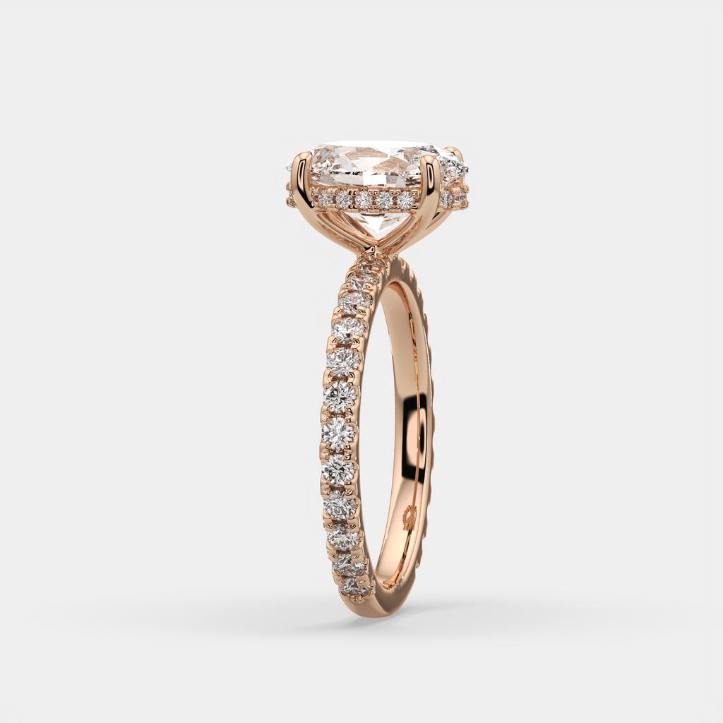 2.50 Ct D VS1 Oval Lab-Grown Diamond Halo Ring with Round Accents, in rose gold, side profile