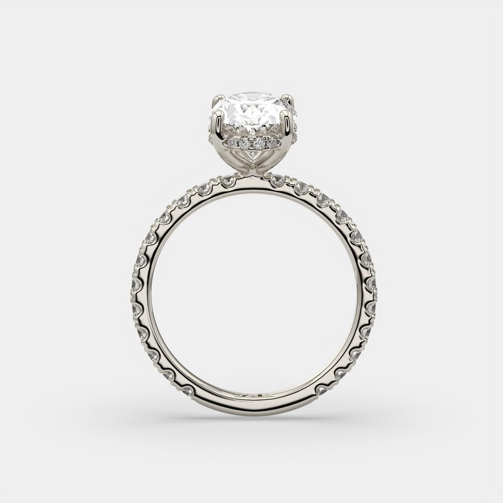 2.50 Ct D VS1 Oval Lab-Grown Diamond Halo Ring with Round Accents, in white gold, side profile