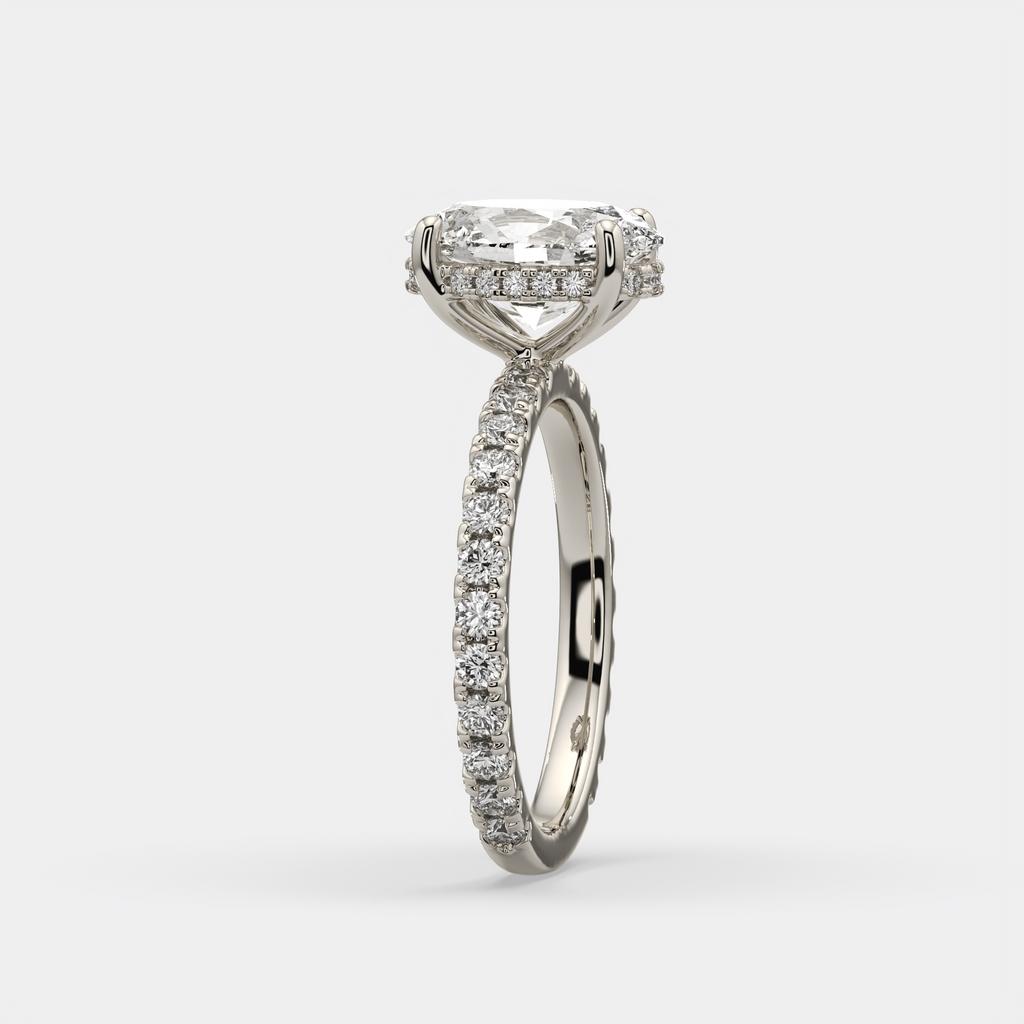 2.50 Ct D VS1 Oval Lab-Grown Diamond Halo Ring with Round Accents, in white gold, side profile