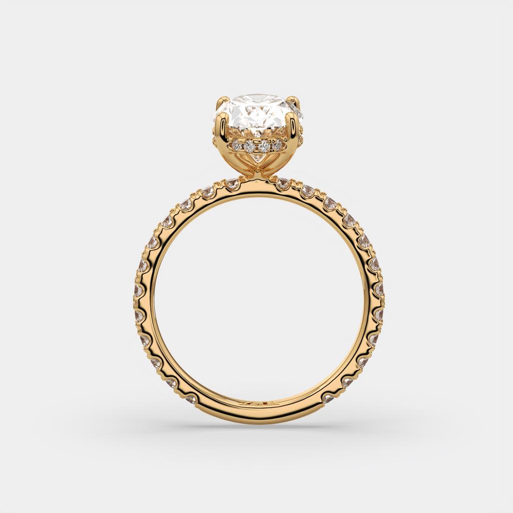 2.50 Ct D VS1 Oval Lab-Grown Diamond Halo Ring with Round Accents, in yellow gold, side profile