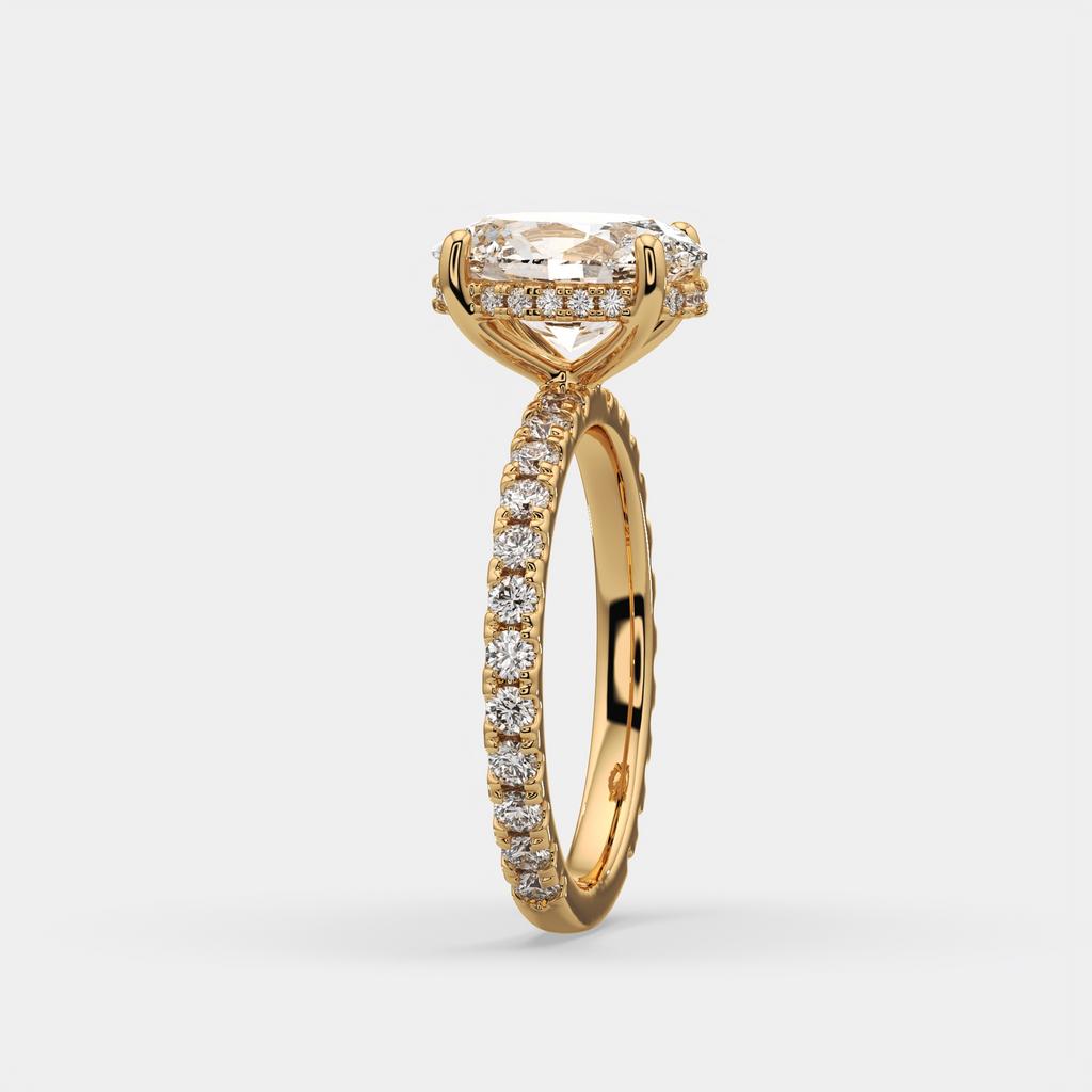 2.50 Ct D VS1 Oval Lab-Grown Diamond Halo Ring with Round Accents, in yellow gold, side profile