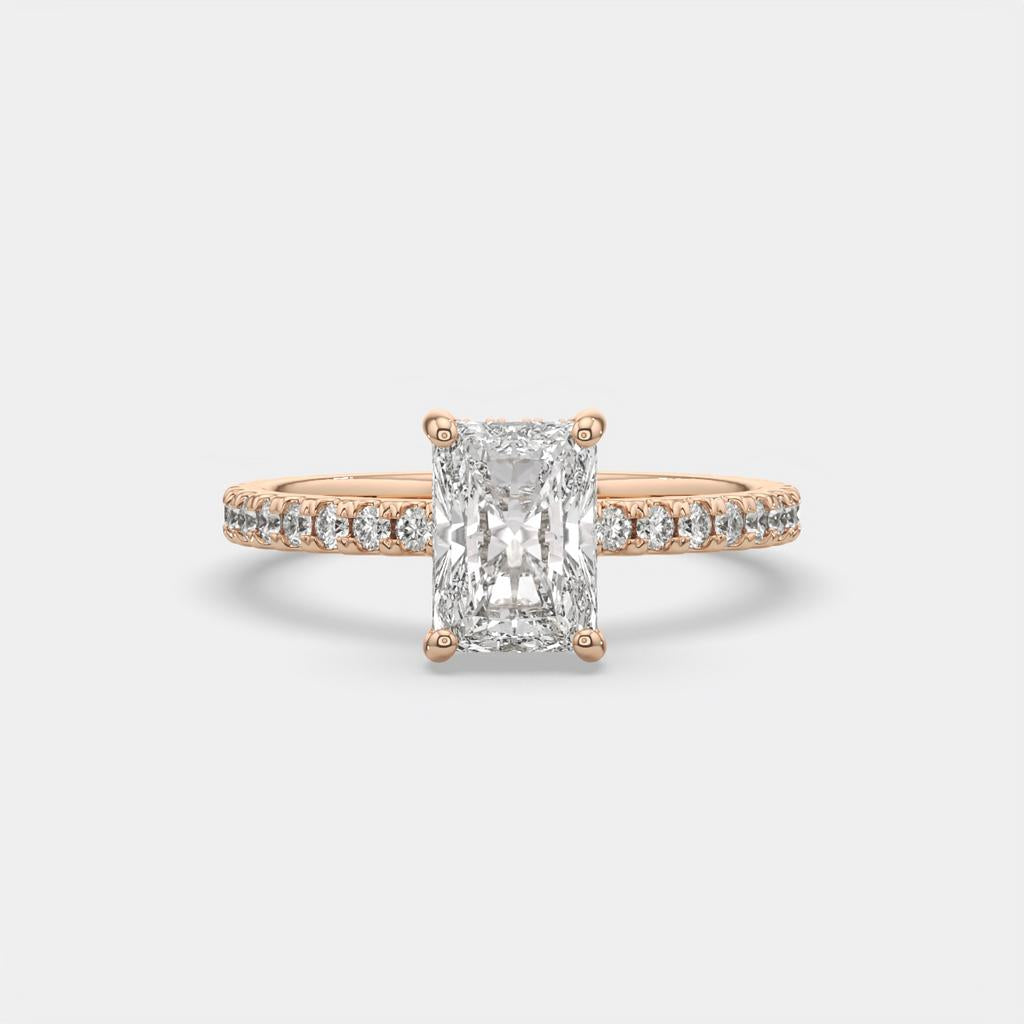 2.50 Ct E VS1 Radiant Cut Diamond Halo Ring, in rose gold, front view