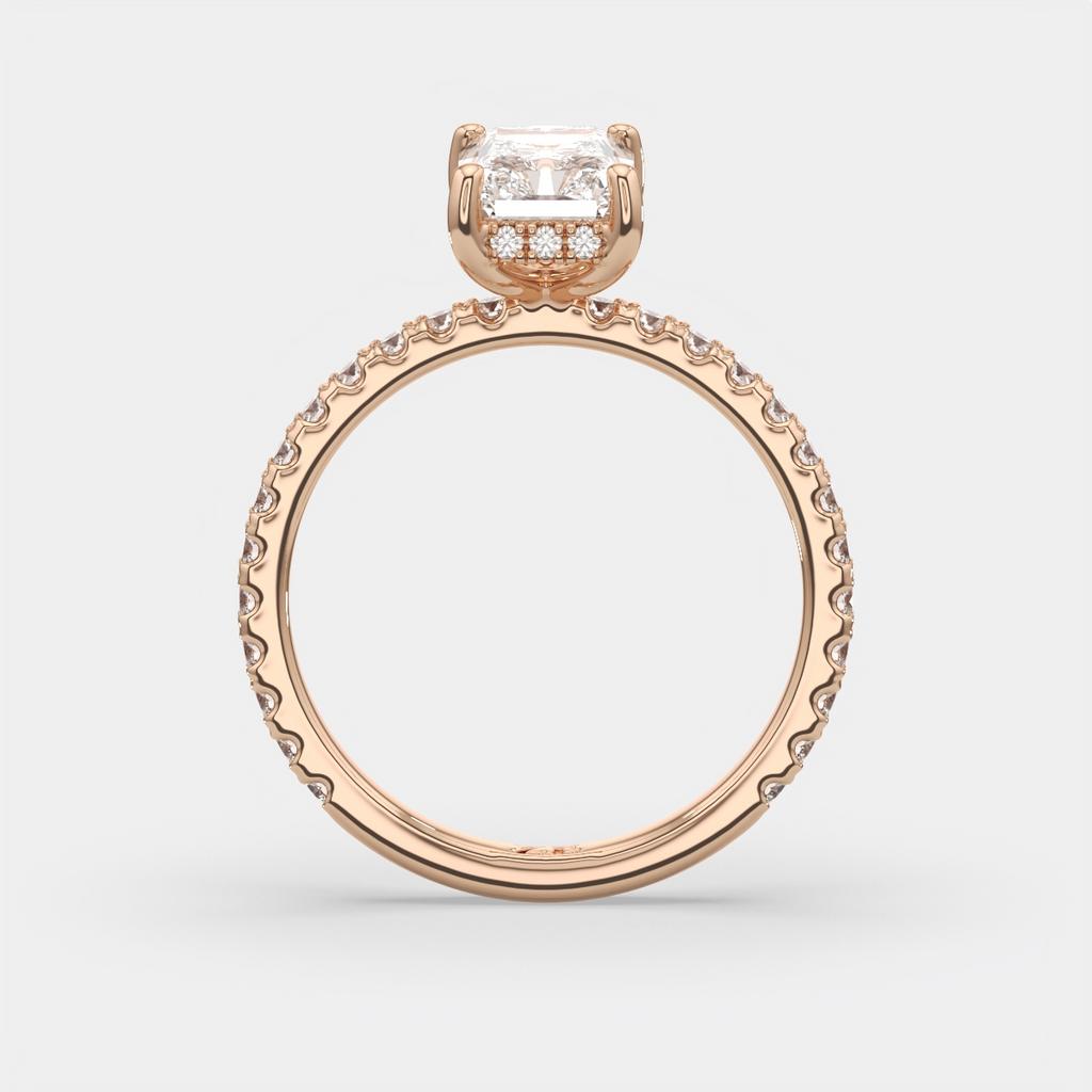 2.50 Ct E VS1 Radiant Cut Diamond Halo Ring, in rose gold, side profile
