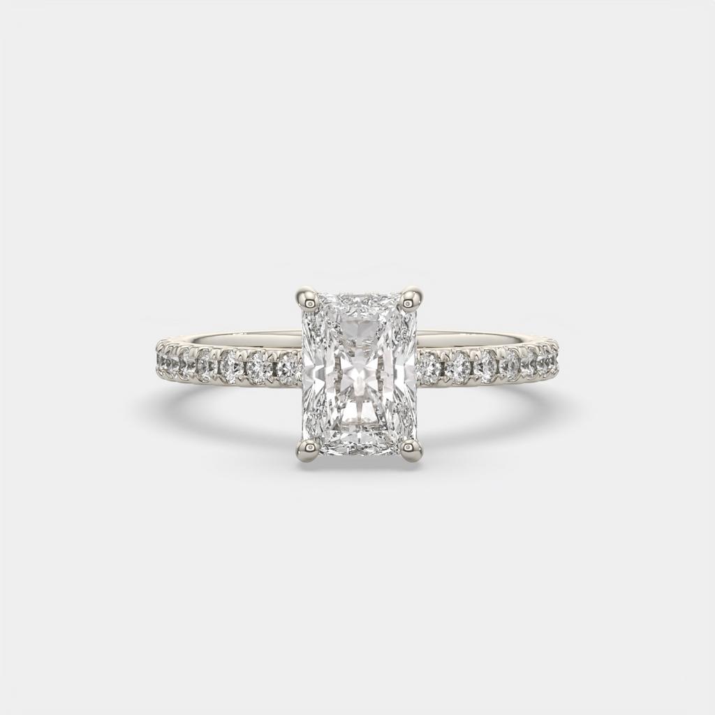 2.50 Ct E VS1 Radiant Cut Diamond Halo Ring, in white gold, front view