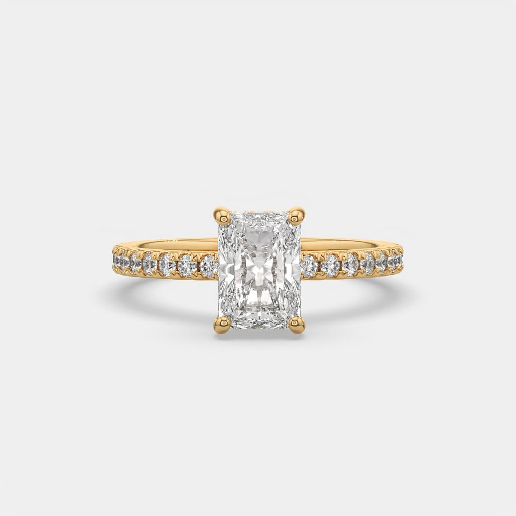 2.50 Ct E VS1 Radiant Cut Diamond Halo Ring, in yellow gold, front view