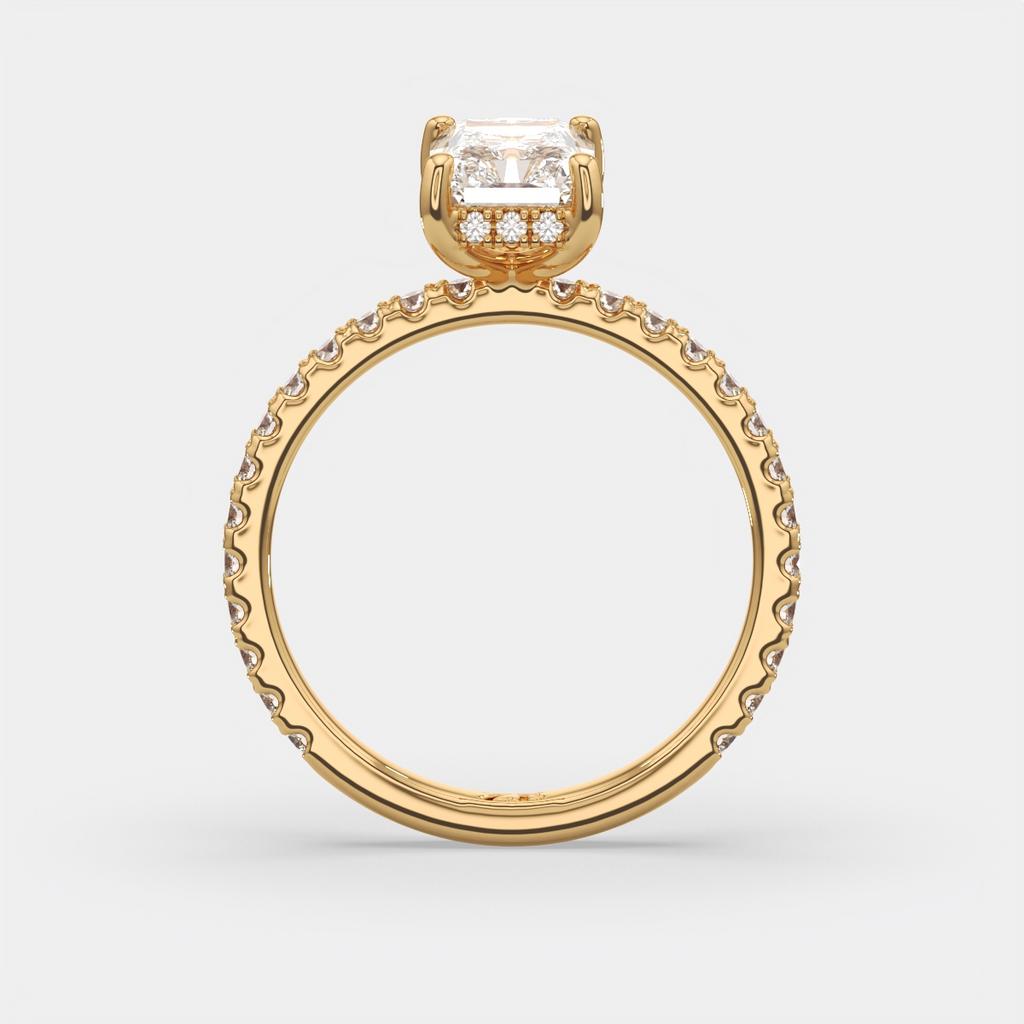 2.50 Ct E VS1 Radiant Cut Diamond Halo Ring, in yellow gold, side profile