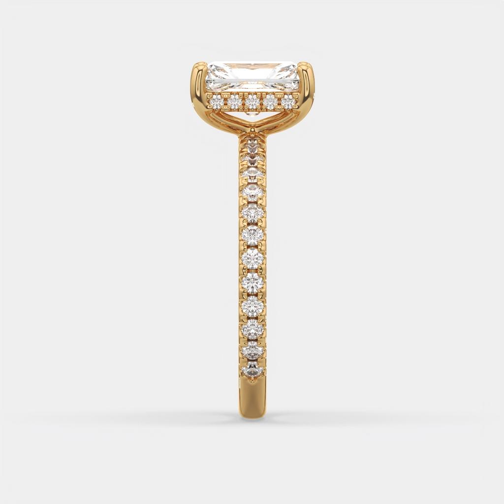 2.50 Ct E VS1 Radiant Cut Diamond Halo Ring, in yellow gold, side profile