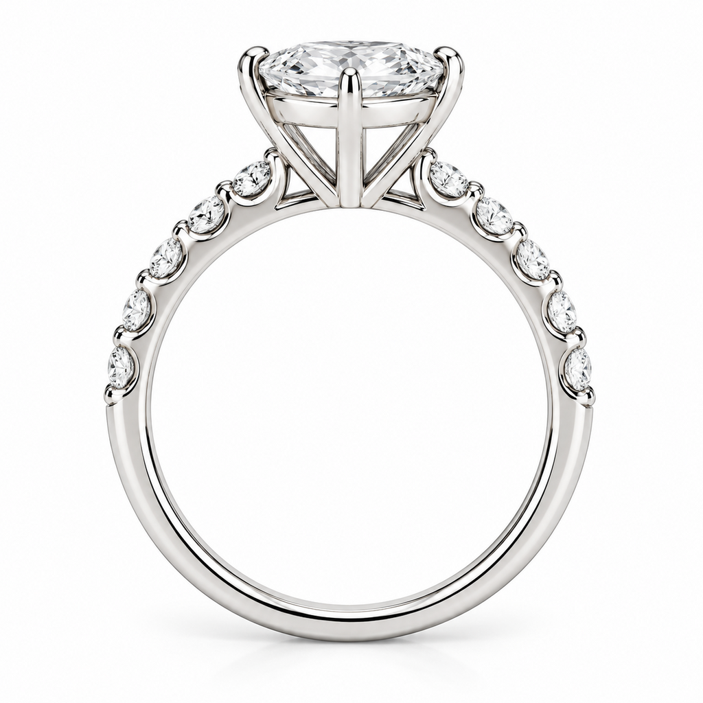2.50 Ct D VS1 Marquise Lab-Grown Diamond Ring with Round Accents, in white gold, side profile