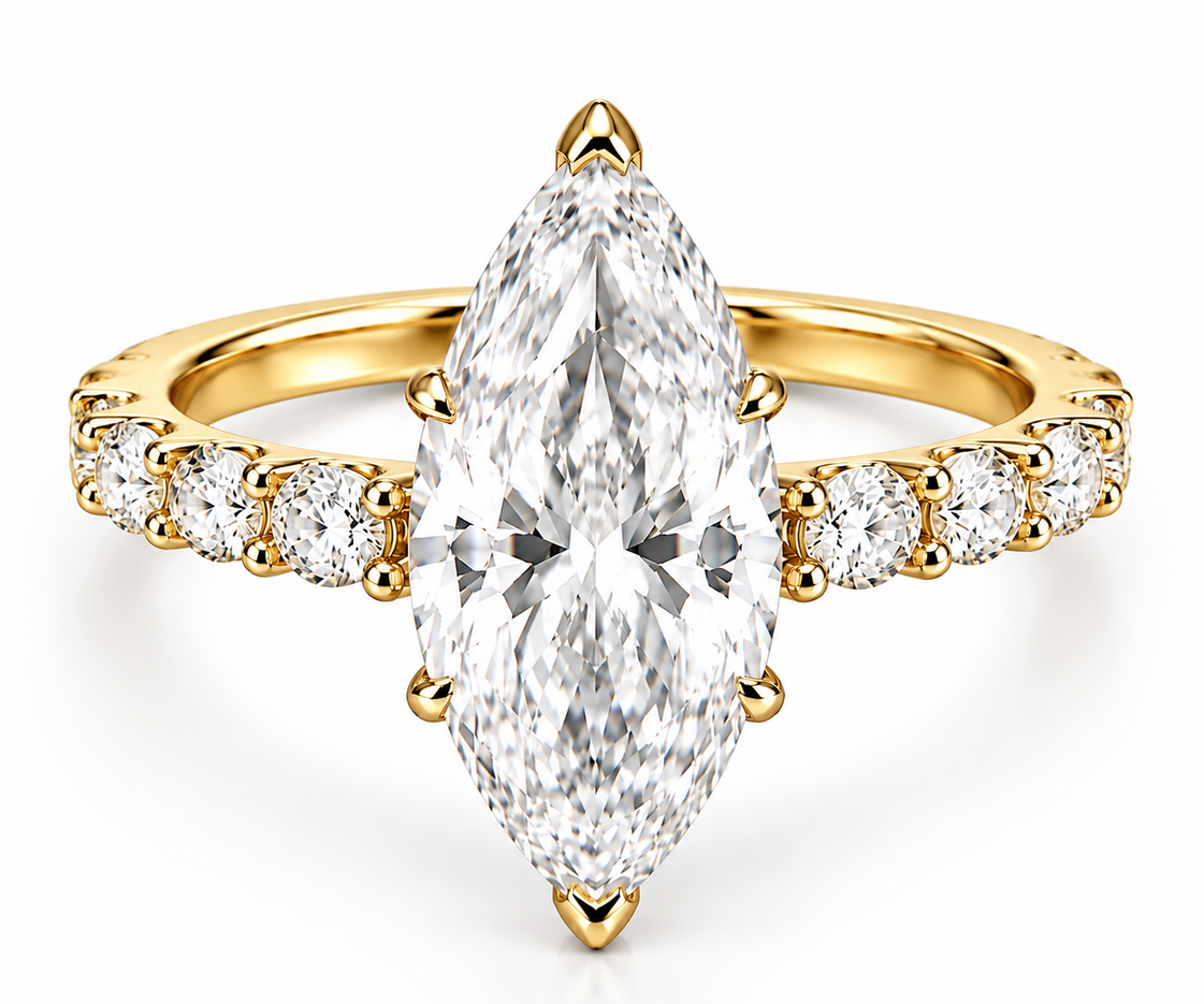 2.50 Ct D VS1 Marquise Lab-Grown Diamond Ring with Round Accents, in yellow gold, front view