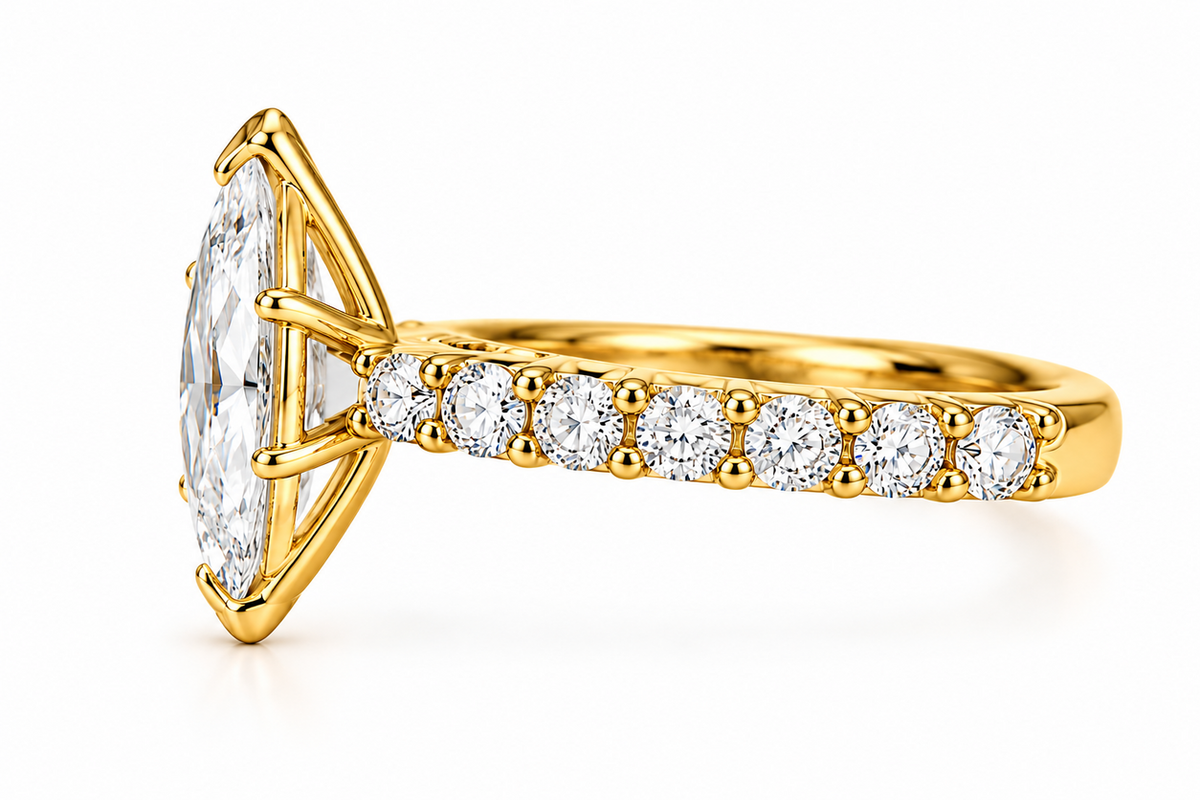 2.50 Ct D VS1 Marquise Lab-Grown Diamond Ring with Round Accents, in yellow gold, side profile