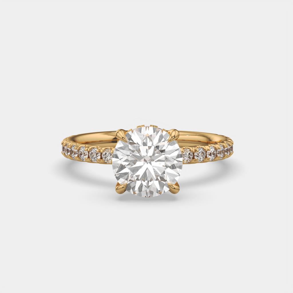 2.52 Ct D VS1 Round Brilliant Halo Diamond Ring, in yellow gold, front view