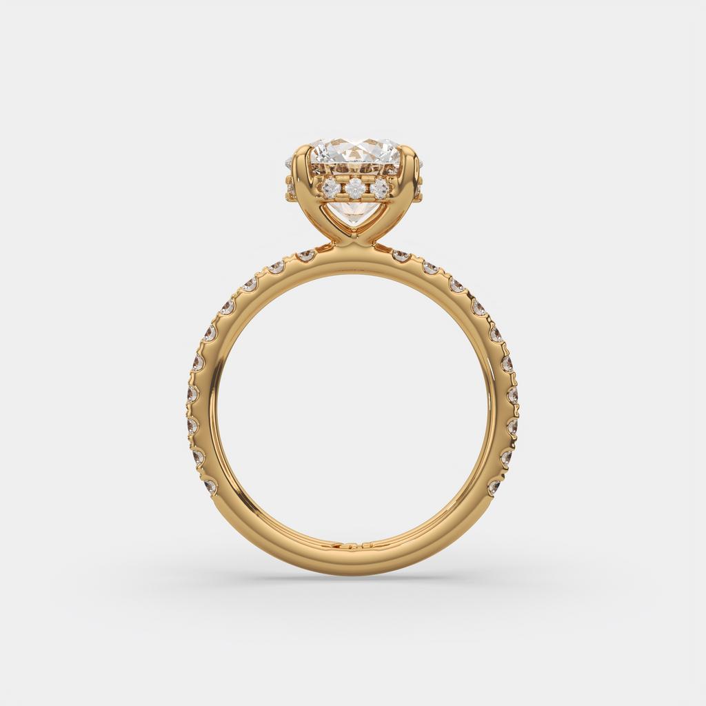 2.52 Ct D VS1 Round Brilliant Halo Diamond Ring, in yellow gold, front view