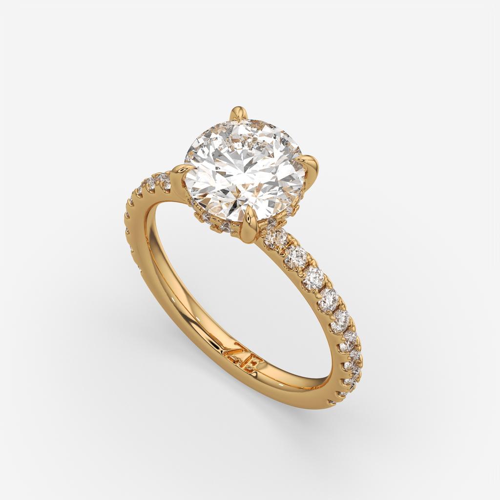 2.52 Ct D VS1 Round Brilliant Halo Diamond Ring, in yellow gold, side profile