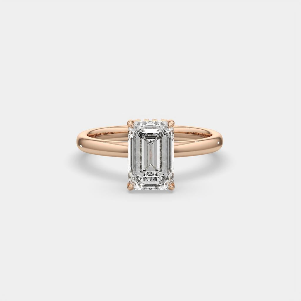 2.60 Ct E VS1 Emerald Cut Lab Grown Diamond Halo Ring, in rose gold, front view