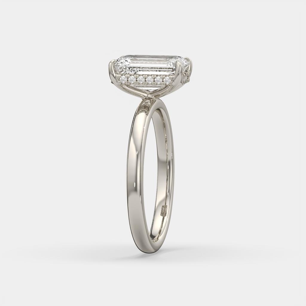 2.60 Ct E VS1 Emerald Cut Lab Grown Diamond Halo Ring, in white gold, side profile