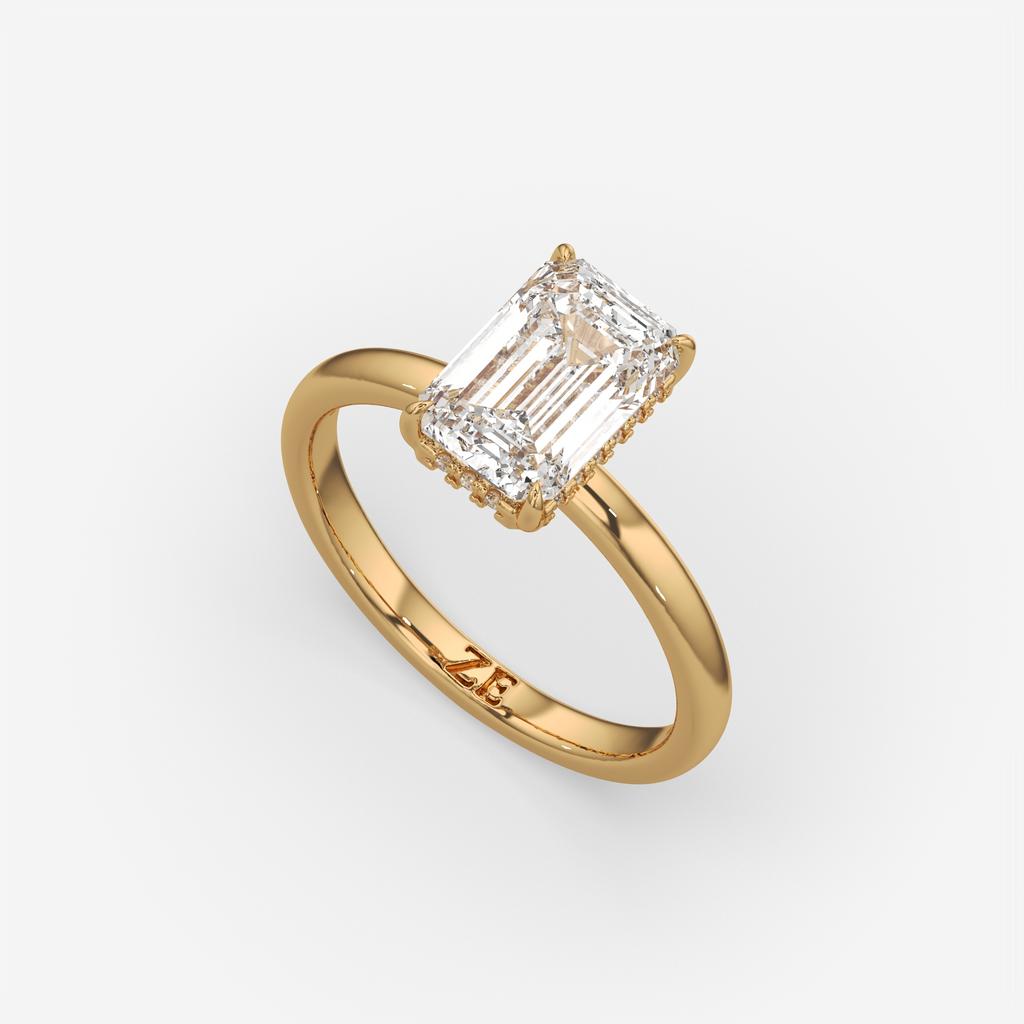 2.60 Ct E VS1 Emerald Cut Lab Grown Diamond Halo Ring, in yellow gold, front view