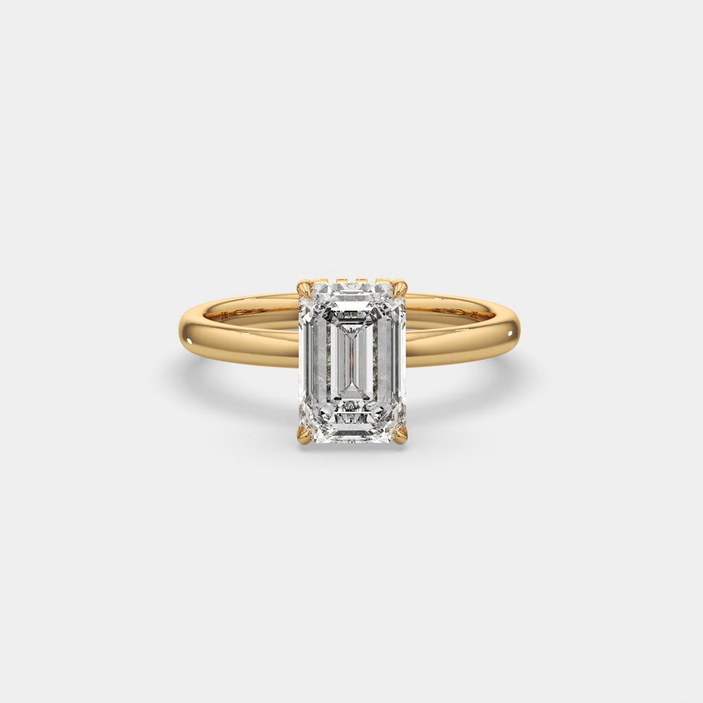 2.60 Ct E VS1 Emerald Cut Lab Grown Diamond Halo Ring, in yellow gold, front view