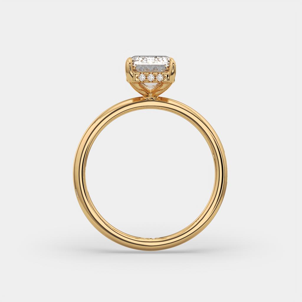 2.60 Ct E VS1 Emerald Cut Lab Grown Diamond Halo Ring, in yellow gold, side profile