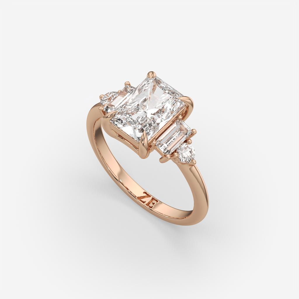 2.60 Ct E Color VS1 Radiant Diamond Ring With Baguette and Round Accents, in rose gold, front view