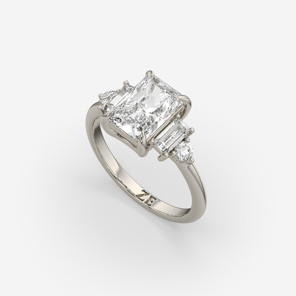 2.60 Ct E Color VS1 Radiant Diamond Ring With Baguette and Round Accents, in white gold, front view