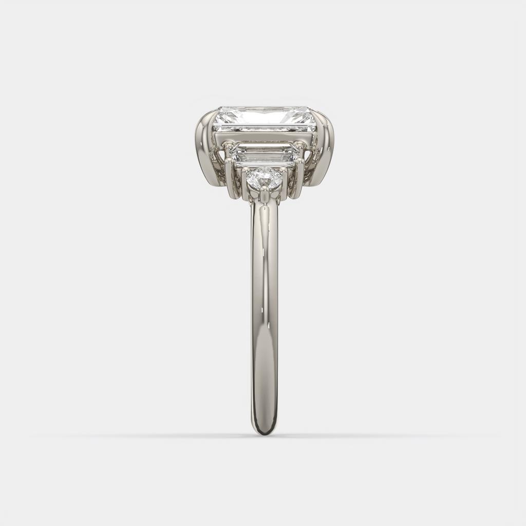 2.60 Ct E Color VS1 Radiant Diamond Ring With Baguette and Round Accents, in white gold, side profile