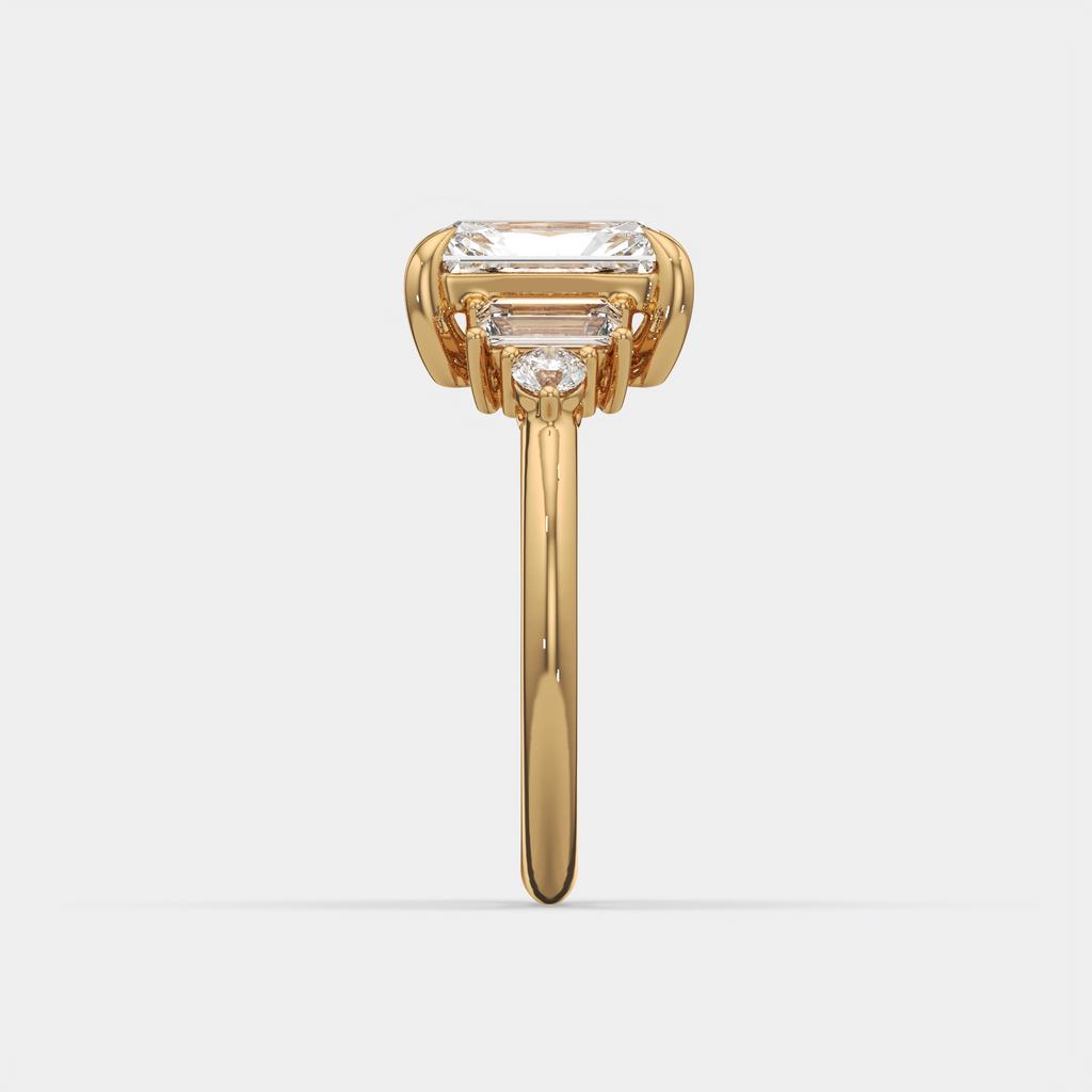 2.60 Ct E Color VS1 Radiant Diamond Ring With Baguette and Round Accents, in yellow gold, side profile