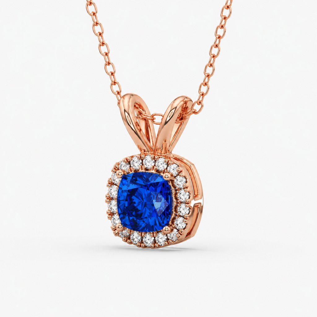 2.90 Ct Cushion Blue Sapphire Diamond Halo Pendant, in rose gold, front view
