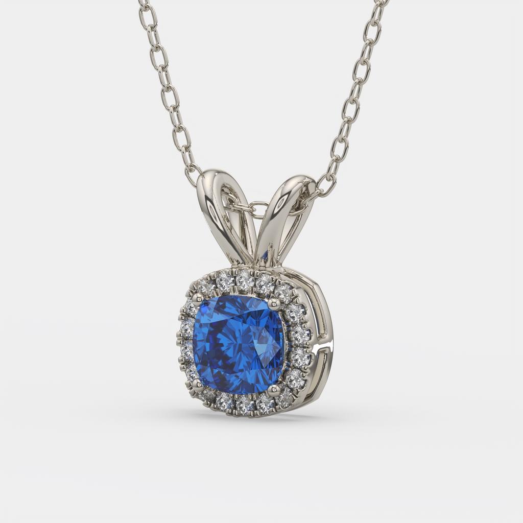 2.90 Ct Cushion Blue Sapphire Diamond Halo Pendant, in white gold, front view