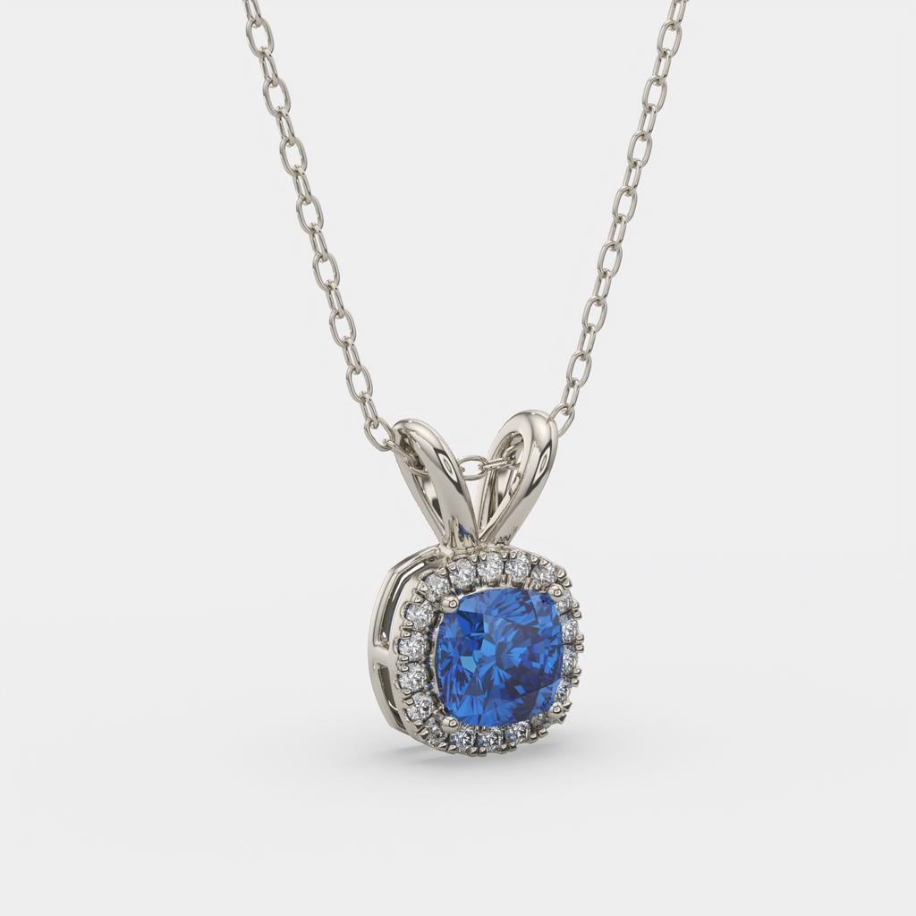 2.90 Ct Cushion Blue Sapphire Diamond Halo Pendant, in white gold, front view