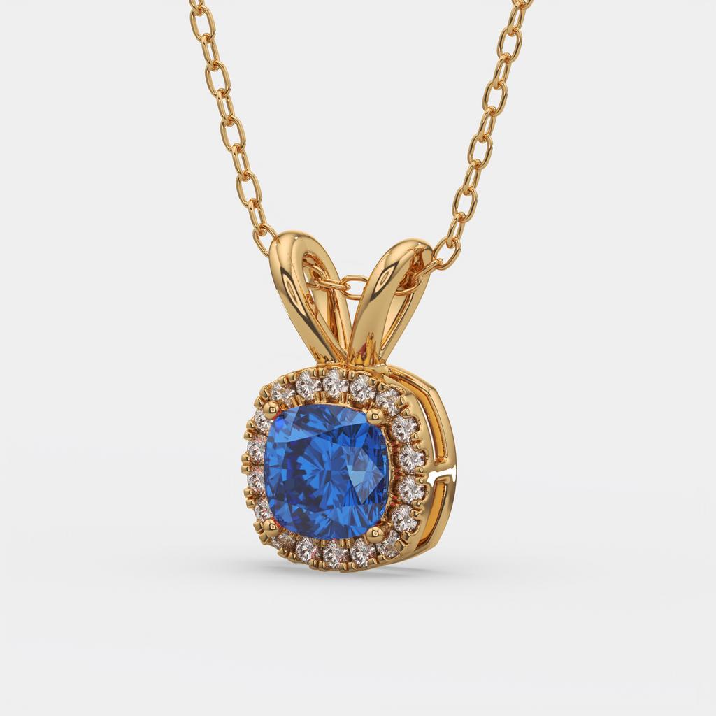 2.90 Ct Cushion Blue Sapphire Diamond Halo Pendant, in yellow gold, front view