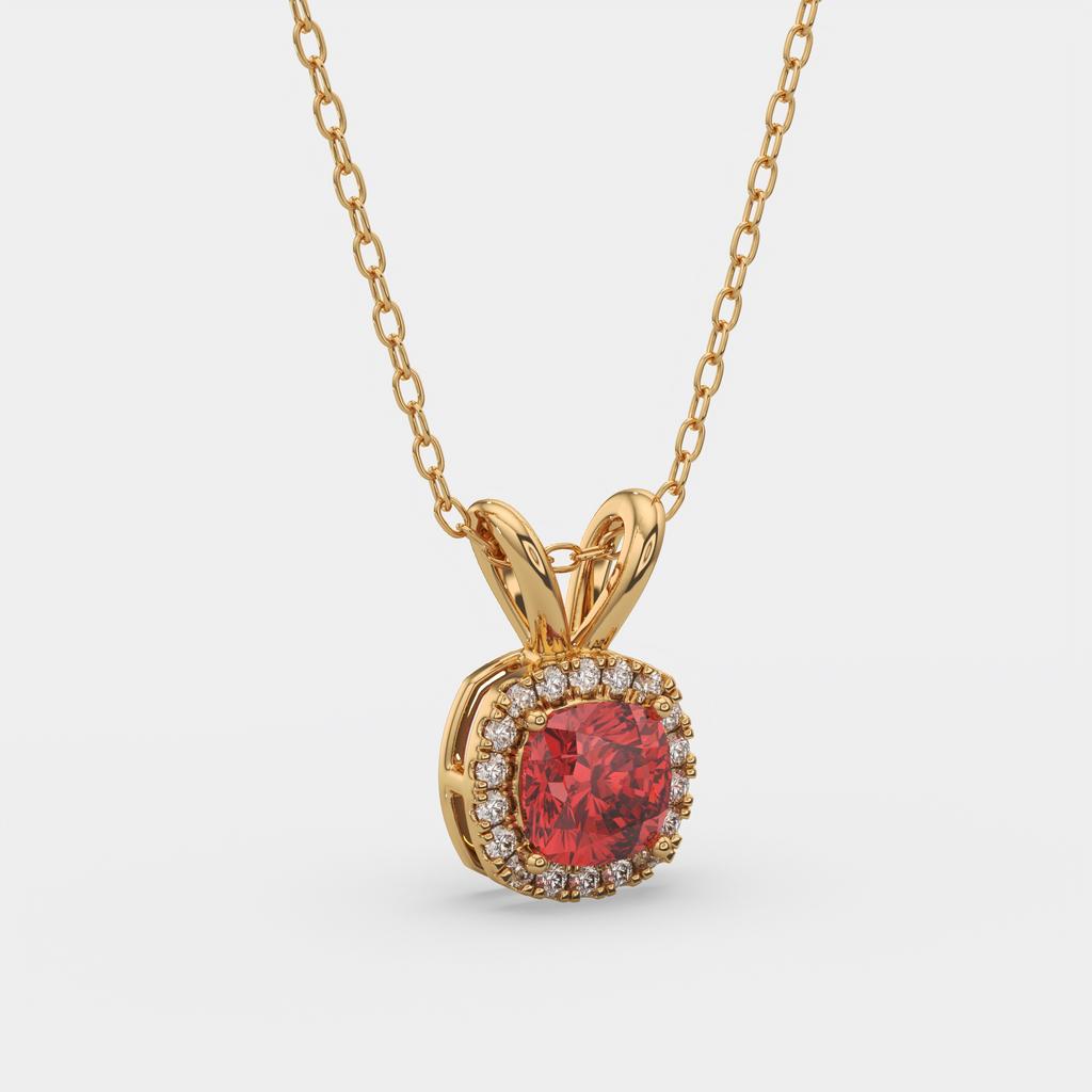 2.90 Ct Cushion Ruby Diamond Halo Pendant, in yellow gold, front view