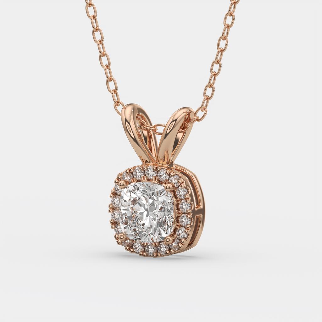 2.90 Ct F VS1 Cushion Diamond Halo Pendant | IGI Certified Lab-Grown, in rose gold, front view