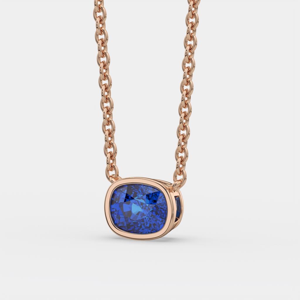 3.00 Ct Cushion Blue Sapphire East West Pendant, in rose gold, side profile