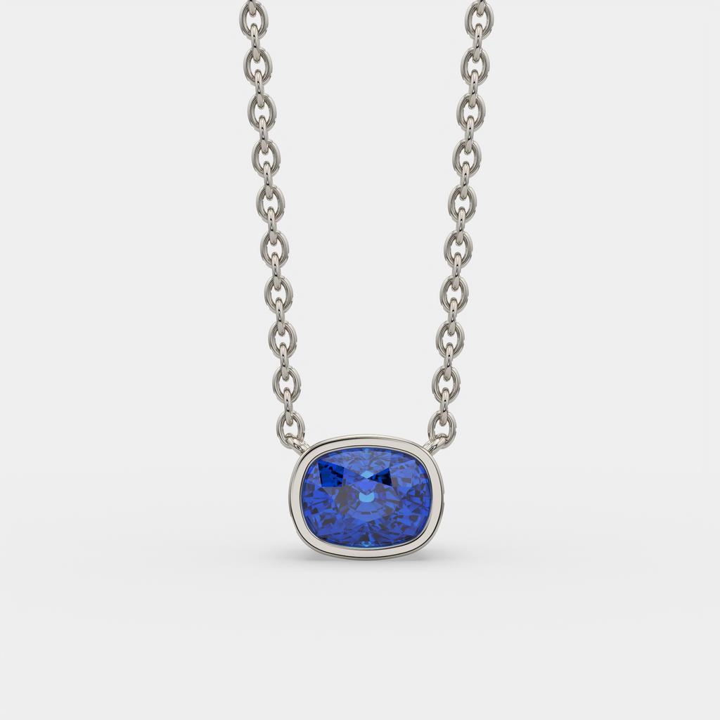 3.00 Ct Cushion Blue Sapphire East West Pendant, in white gold, front view