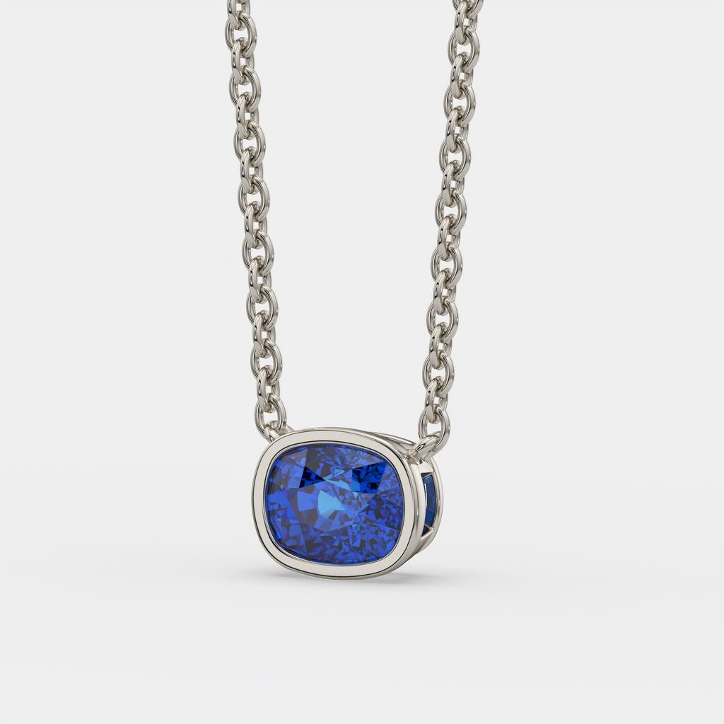 3.00 Ct Cushion Blue Sapphire East West Pendant, in white gold, front view
