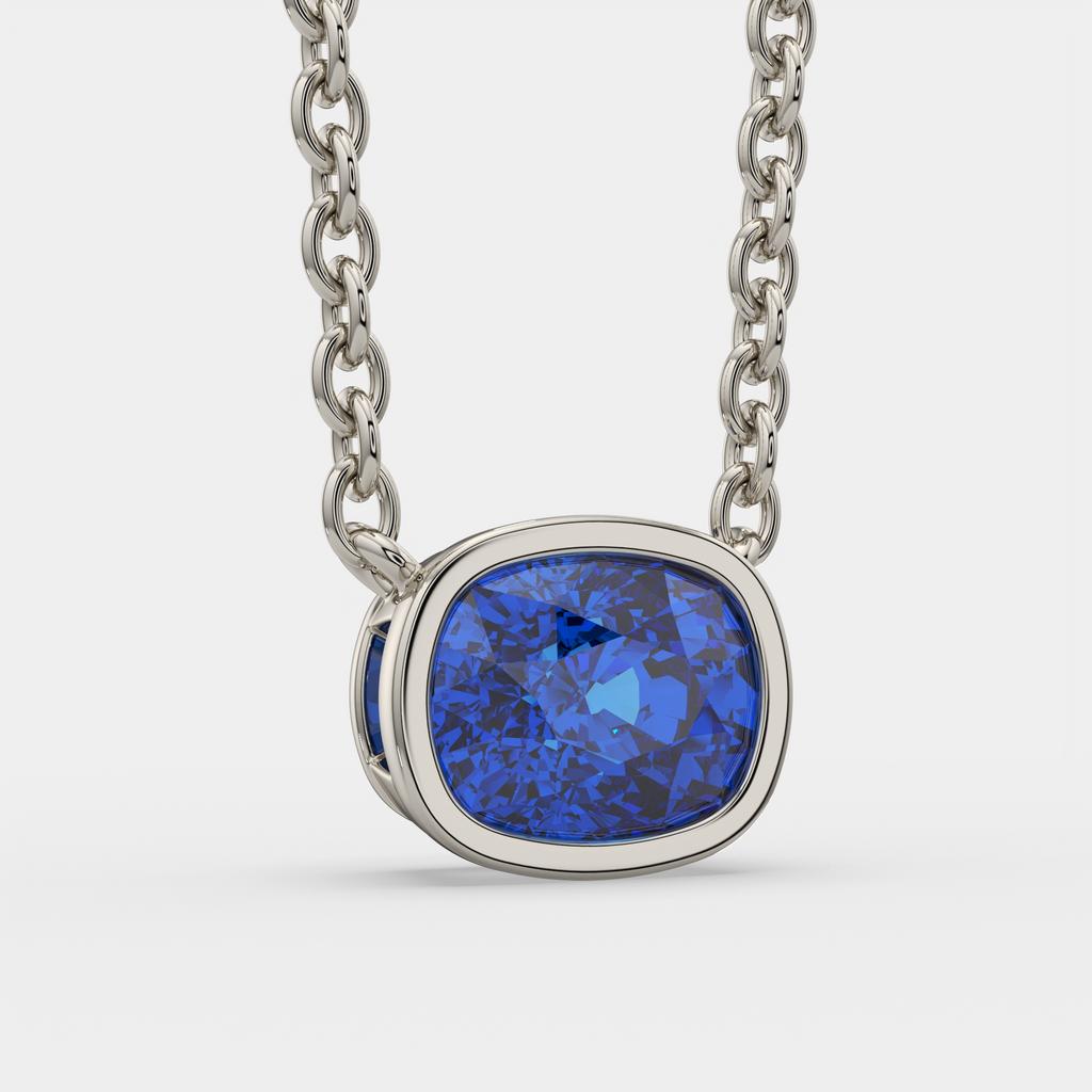 3.00 Ct Cushion Blue Sapphire East West Pendant, in white gold, side profile
