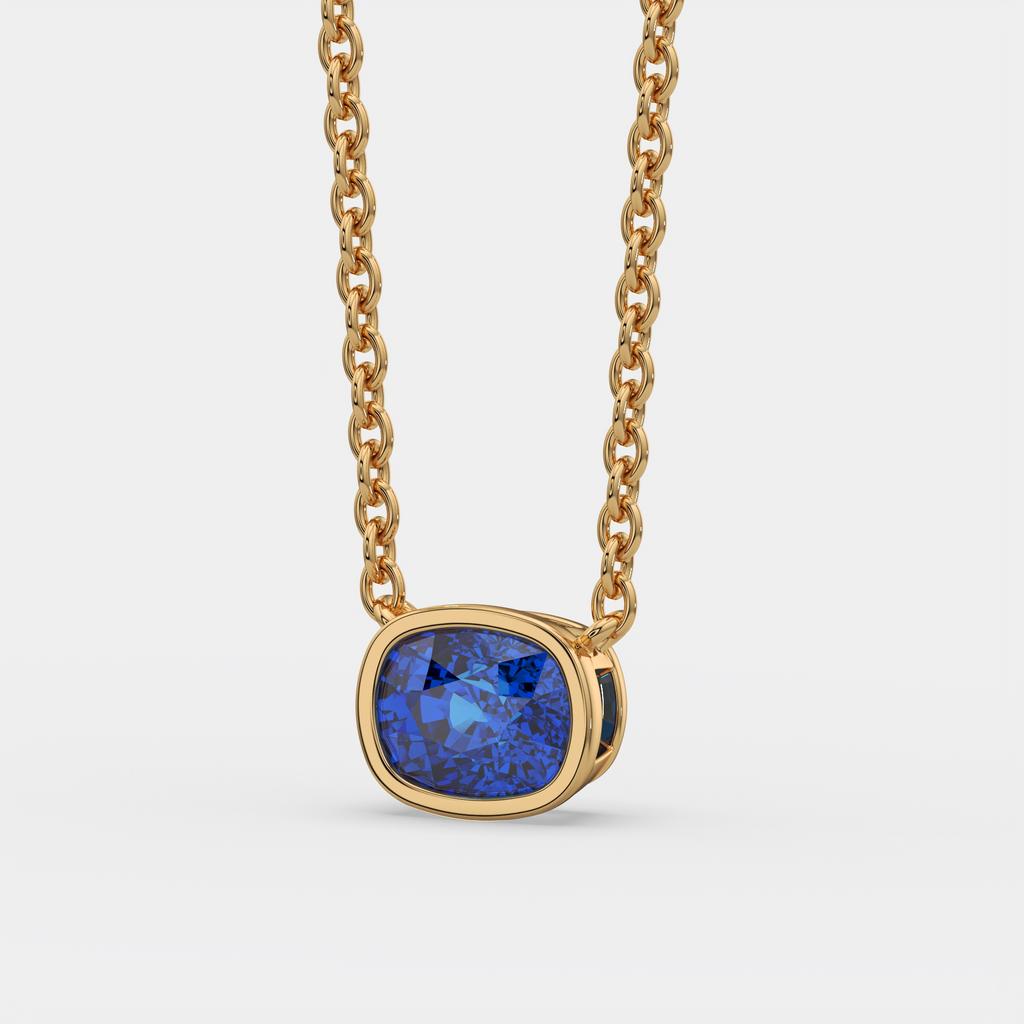 3.00 Ct Cushion Blue Sapphire East West Pendant, in yellow gold, front view