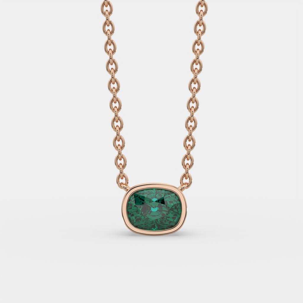 3.00 Ct Cushion Green Emerald East West Pendant, in rose gold, front view