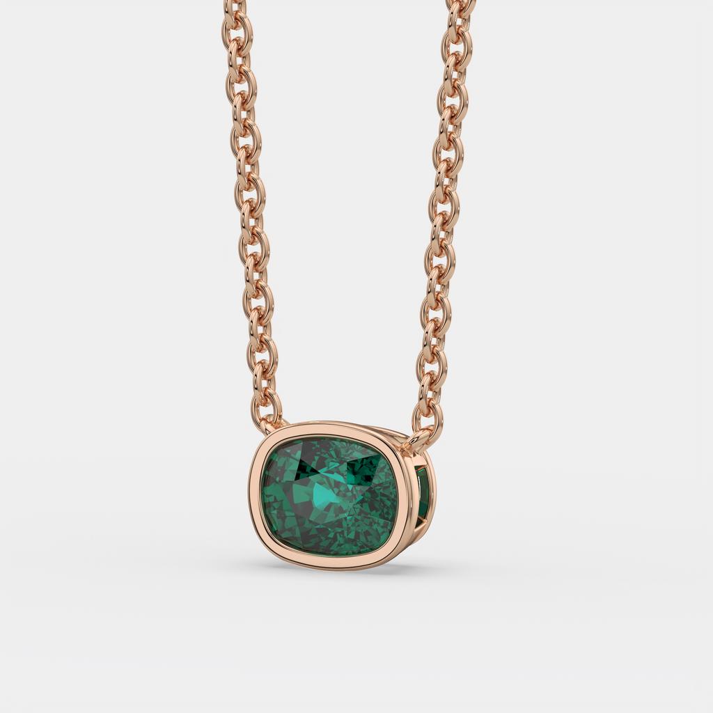 3.00 Ct Cushion Green Emerald East West Pendant, in rose gold, side profile