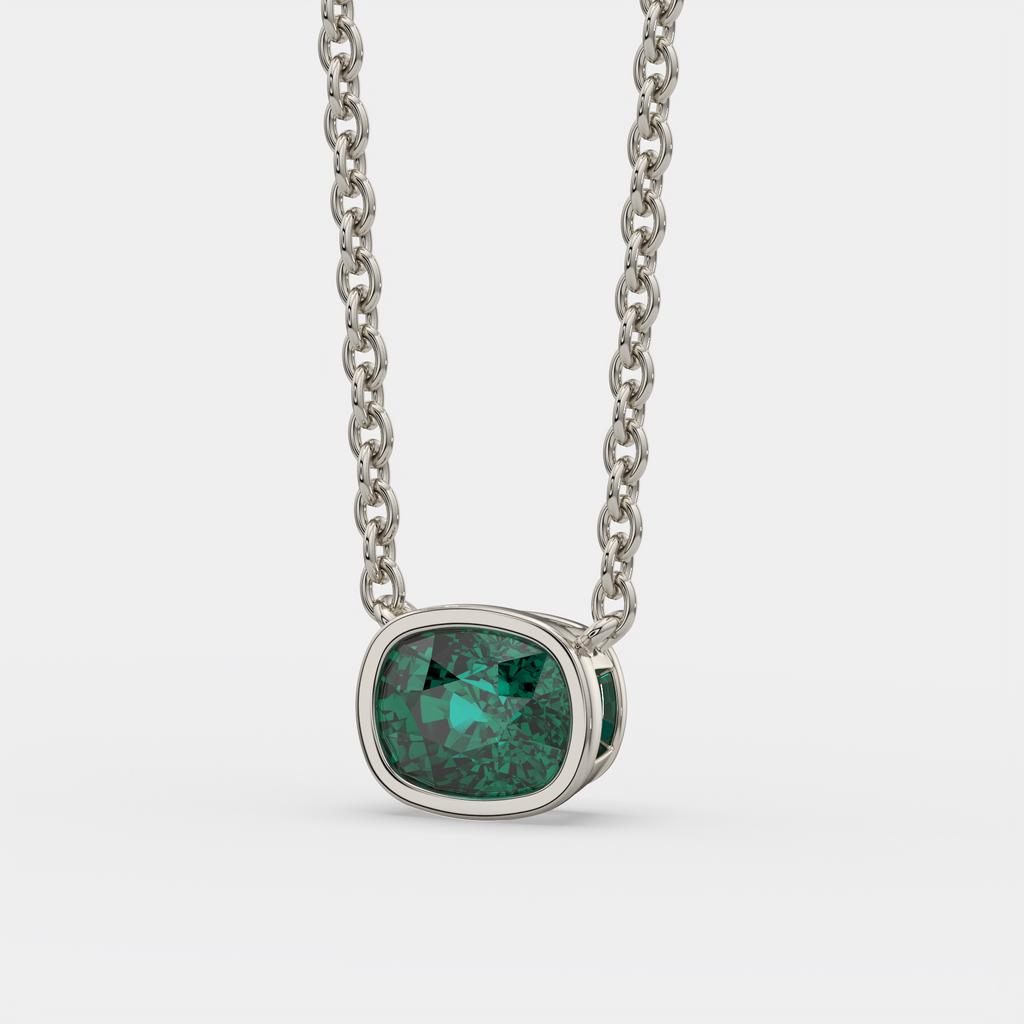3.00 Ct Cushion Green Emerald East West Pendant, in white gold, side profile